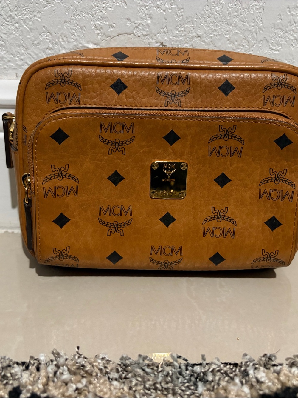 MCM Cognac Logo Visetos Crossbody Bag with Gold Plate